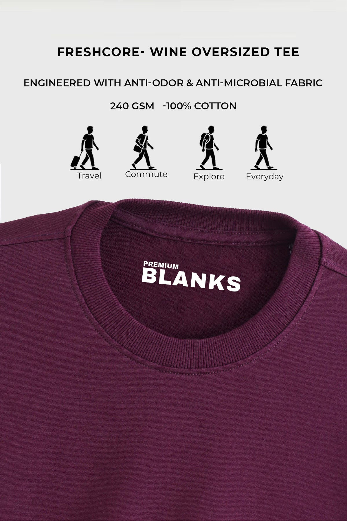 FRESHCORE WINE oversized T-shirt specifications, fit and premium blank apparel details